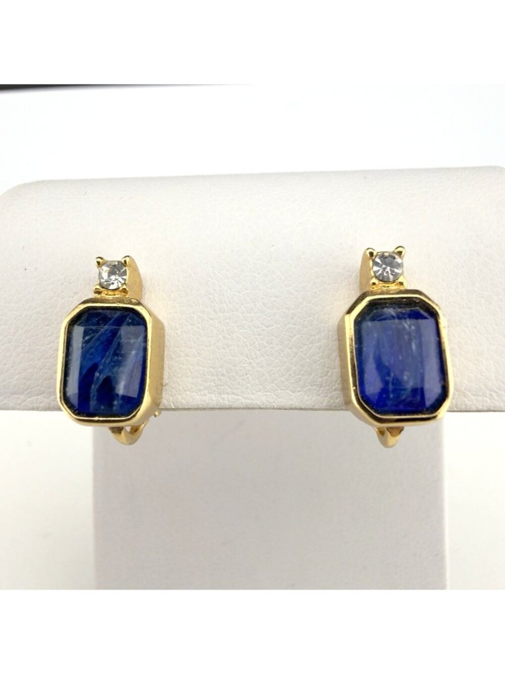 Vintage Christian Dior Clip On Earrings Blue Stones Gold Tone Setting Signed